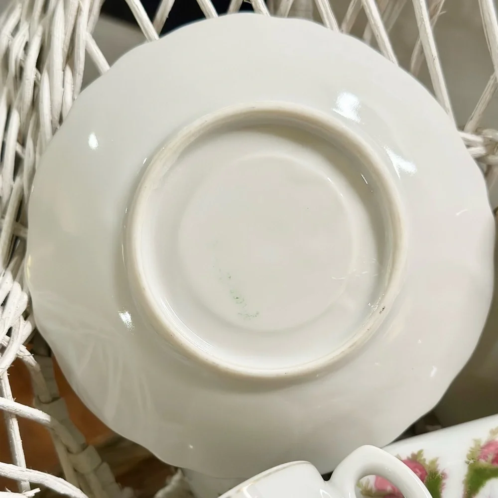 Moss Rose Floral Porcelain Demitasse and Footed Base Tea Cups and Saucers